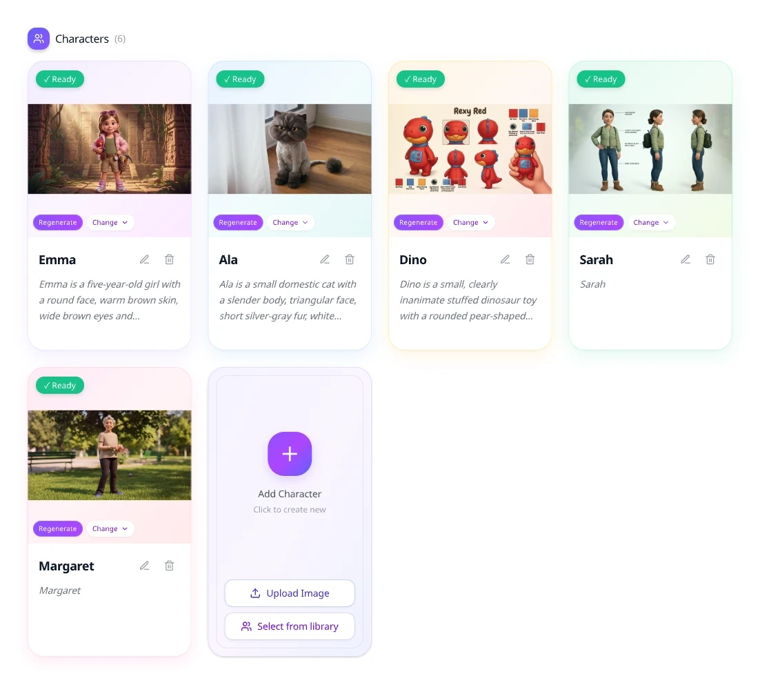 ToonBee's Characters screen showing Emma, Ala, Dino, Sarah and Margaret, all ready