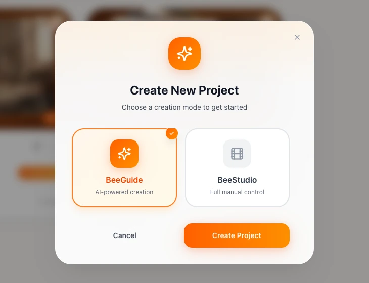 ToonBee's Create New Project window with BeeGuide, the AI-powered mode, selected