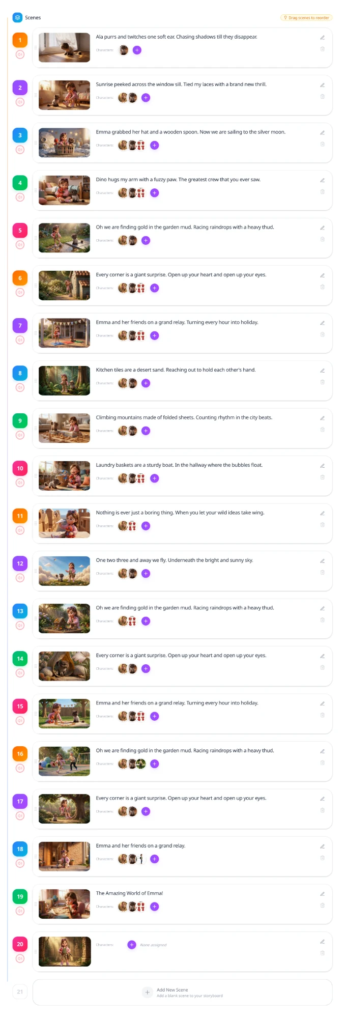 ToonBee's Scenes list: 20 scenes, each with its image, lyric line and characters