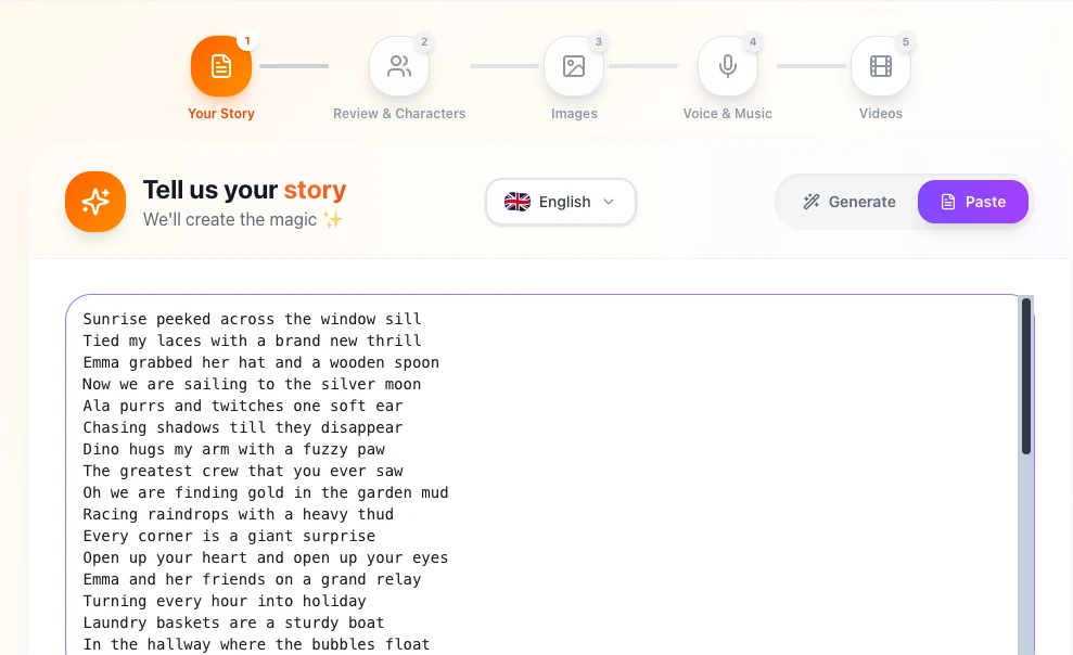 ToonBee's Tell us your story screen with the song lyrics pasted in